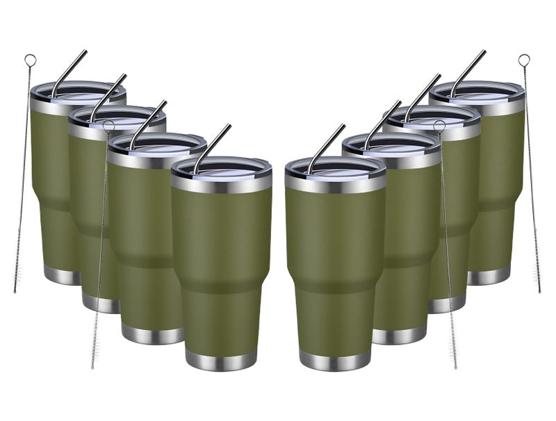 MEWAY 30oz Insulated Tumbler With Lids and Straws,Stainless Steel Double Vacuum Coffee Tumbler Cup, Brush, Durable Powder Coated Coffee Cup for Cold & Hot Drinks, Office, Travel(Army Green,8 PACK) - Image 1
